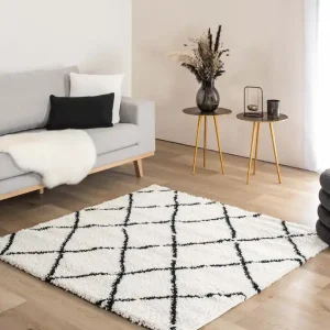 Vierkant hoogpolig vloerkleed ruiten Artisan – wit/zwart    Black Friday-37% Beperkt Aanbod