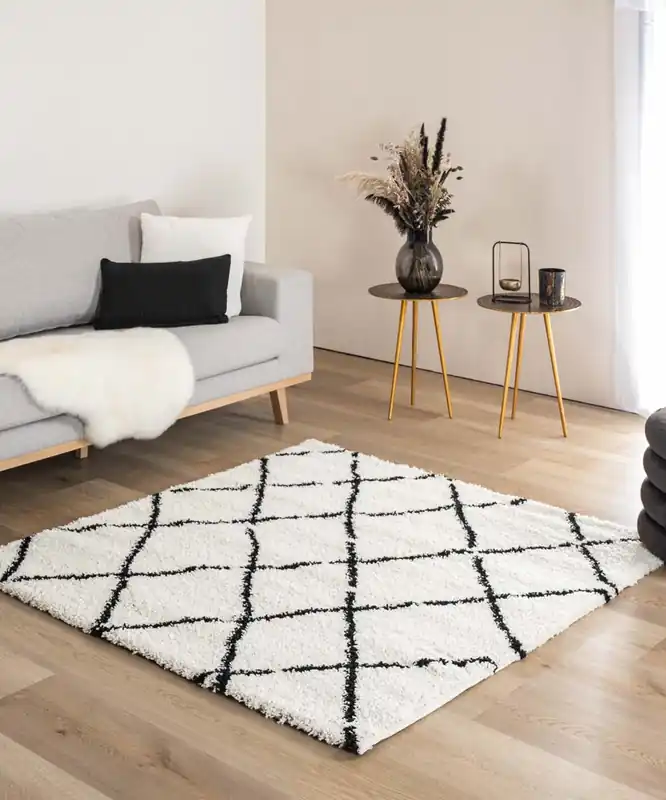 Vierkant hoogpolig vloerkleed ruiten Artisan – wit/zwart Black Friday-37% Beperkt Aanbod