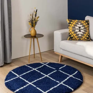 Rond hoogpolig vloerkleed ruiten Artisan – marineblauw/wit    Black Friday-55% Uitverkoop
