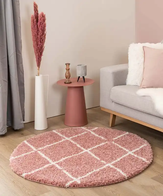 Bestel Nu Rond hoogpolig vloerkleed ruiten Artisan – roze/wit Black Friday-37%