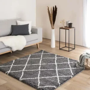 Vierkant hoogpolig vloerkleed ruiten Artisan – grijs/wit    Black Friday-37% Hoge Kwaliteit