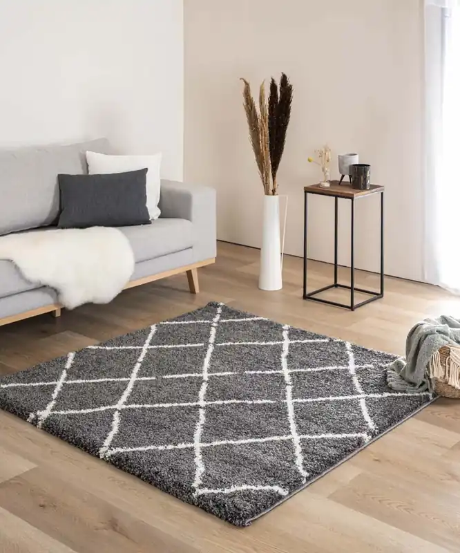 Vierkant hoogpolig vloerkleed ruiten Artisan – grijs/wit Black Friday-37% Hoge Kwaliteit