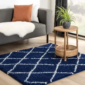 Vierkant hoogpolig vloerkleed ruiten Habitat – marineblauw/wit    Black Friday-52% Beste Prijs