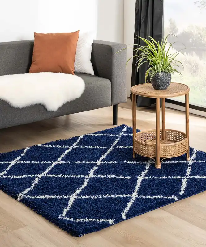 Vierkant hoogpolig vloerkleed ruiten Habitat – marineblauw/wit Black Friday-52% Beste Prijs