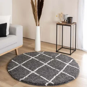 Rond hoogpolig vloerkleed ruiten Artisan – grijs/wit    Black Friday-65% Groothandel