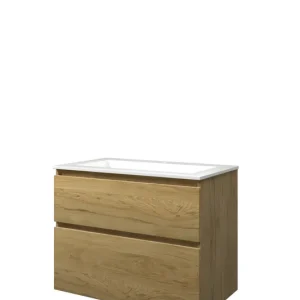 Bestel Nu Proline Elegant badmeubel met polystone wastafel met 1 kraangat en onderkast a-symmetrisch - Ideal oak/Glans wit - 80x46cm (bxd)