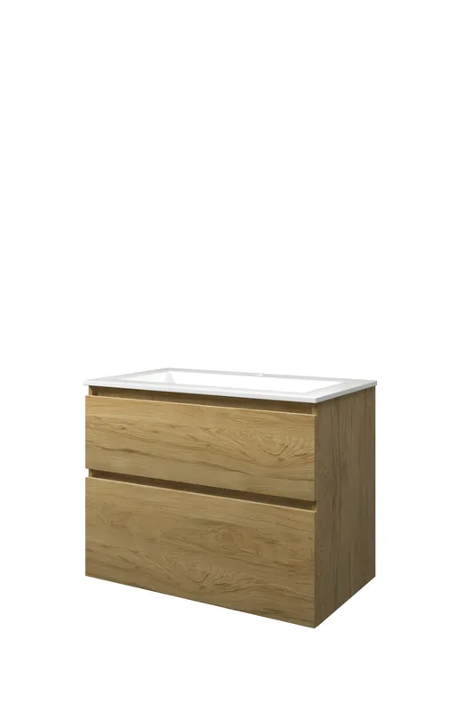 Bestel Nu Proline Elegant badmeubel met polystone wastafel met 1 kraangat en onderkast a-symmetrisch - Ideal oak/Glans wit - 80x46cm (bxd)