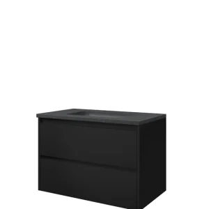 Proline Elegant badmeubel met hardsteen wastafel met 1 kraangat en onderkast symmetrisch - Mat zwart - 80x46cm (bxd) Uitverkoop
