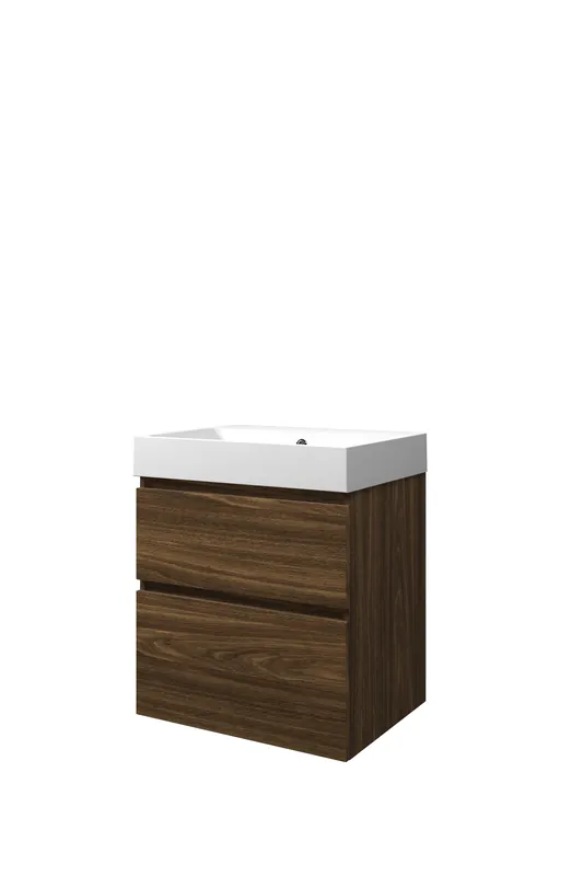 Proline Loft badmeubel met polystone wastafel zonder kraangat en onderkast a-symmetrisch - Cabana oak/Mat wit - 60x46cm (bxd) Veilige Betaling