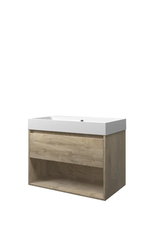 Proline Loft badmeubel met open vak met polystone wastafel zonder kraangat - Raw oak/Mat wit - 80x46cm (bxd) Gratis Retour