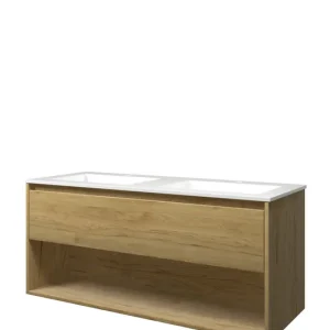 Gereduceerde Prijs Proline Elegant badmeubel met open vak met polystone wastafel met 2 kraangaten - Ideal oak/Glans wit - 120x46cm (bxd)