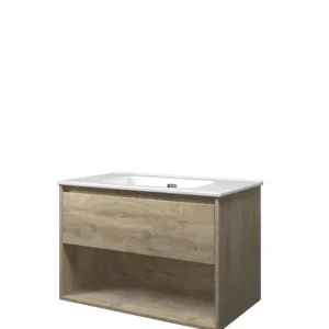 Trendy Proline Elegant badmeubel met open vak met keramische wastafel met 1 kraangat - Raw oak - 80x46cm (bxd)