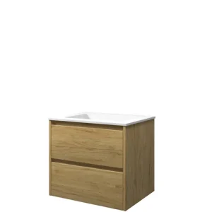 Proline Elegant badmeubel met polystone wastafel zonder kraangat en onderkast symmetrisch - Ideal oak/Mat wit - 60x46cm (bxd) Bestseller