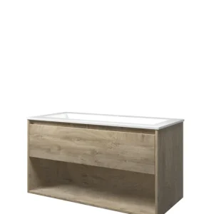 Proline Elegant badmeubel met open vak met polystone wastafel met 1 kraangat - Raw oak/Glans wit - 100x46cm (bxd) Laatste Kans