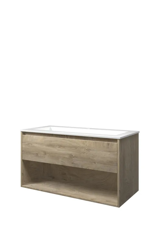 Proline Elegant badmeubel met open vak met polystone wastafel met 1 kraangat - Raw oak/Glans wit - 100x46cm (bxd) Laatste Kans
