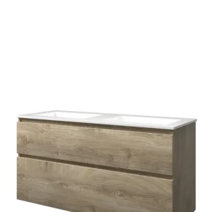 Direct Beschikbaar Proline Elegant badmeubel met polystone wastafel zonder kraangaten en onderkast a-symmetrisch - Raw oak/Glans wit - 120x46cm (bxd)
