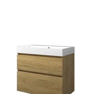 Hoge Kwaliteit Proline Loft badmeubel met polystone wastafel met 1 kraangat en onderkast a-symmetrisch - Ideal oak/Glans wit - 80x46cm (bxd)