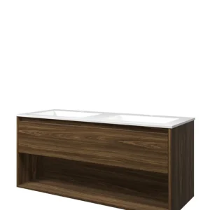 Proline Elegant badmeubel met open vak met polystone wastafel met 2 kraangaten - Cabana oak/Glans wit - 120x46cm (bxd) Gecertificeerd