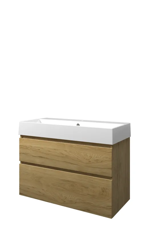 Snelle Levering Proline Loft badmeubel met keramische wastafel met 1 kraangat en onderkast a-symmetrisch - Ideal oak - 100x46cm (bxd)