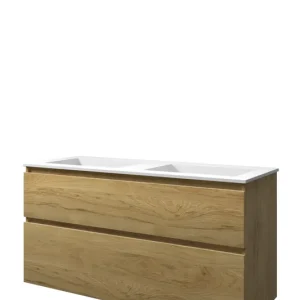 In De Mode Proline Elegant badmeubel met polystone wastafel zonder kraangaten en onderkast a-symmetrisch - Ideal oak/Mat wit - 120x46cm (bxd)