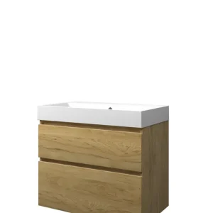 Beperkt Aanbod Proline Loft badmeubel met polystone wastafel zonder kraangat en onderkast a-symmetrisch - Ideal oak/Mat wit - 80x46cm (bxd)