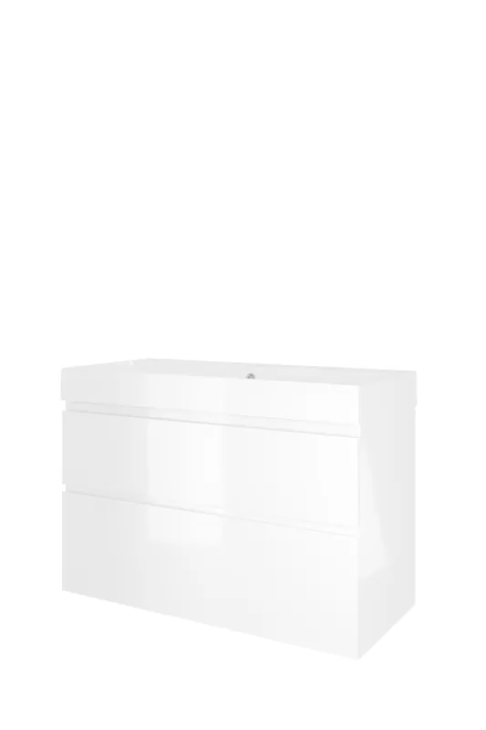 Proline Loft badmeubel met polystone wastafel met 1 kraangat en onderkast a-symmetrisch - Glans wit/Glans wit - 100x46cm (bxd) Actieprijs