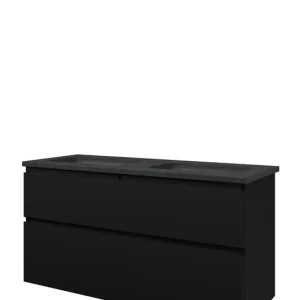 Shop Nu Proline Elegant badmeubel met hardsteen wastafel met 2 kraangaten en onderkast 4 laden a-symmetrisch - Mat zwart - 120x46cm (bxd)