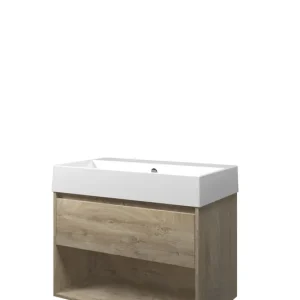 Actieprijs Proline Loft badmeubel met open vak met keramische wastafel zonder kraangat - Raw oak - 80x46cm (bxd)
