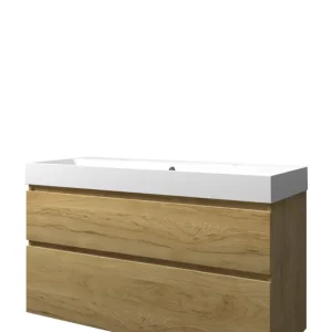Proline Loft badmeubel met polystone wastafel met 2 kraangaten en onderkast a-symmetrisch - Ideal oak/Mat wit - 120x46cm (bxd) Seizoensaanbieding