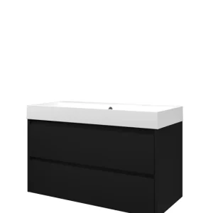 Direct Verzonden Proline Loft badmeubel met polystone wastafel met 2 kraangaten en onderkast symmetrisch - Mat zwart/Mat wit - 100x46cm (bxd)