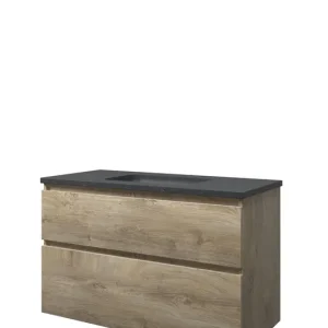 Populair Proline Elegant badmeubel met hardsteen wastafel zonder kraangat en onderkast a-symmetrisch - Raw oak - 100x46cm (bxd)