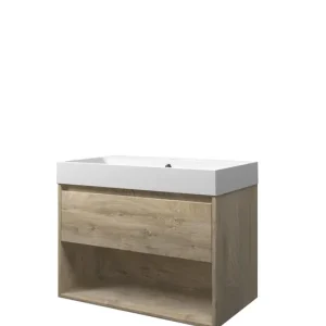 Garantie Inbegrepen Proline Loft badmeubel met open vak met polystone wastafel met 1 kraangat - Raw oak/Mat wit - 80x46cm (bxd)