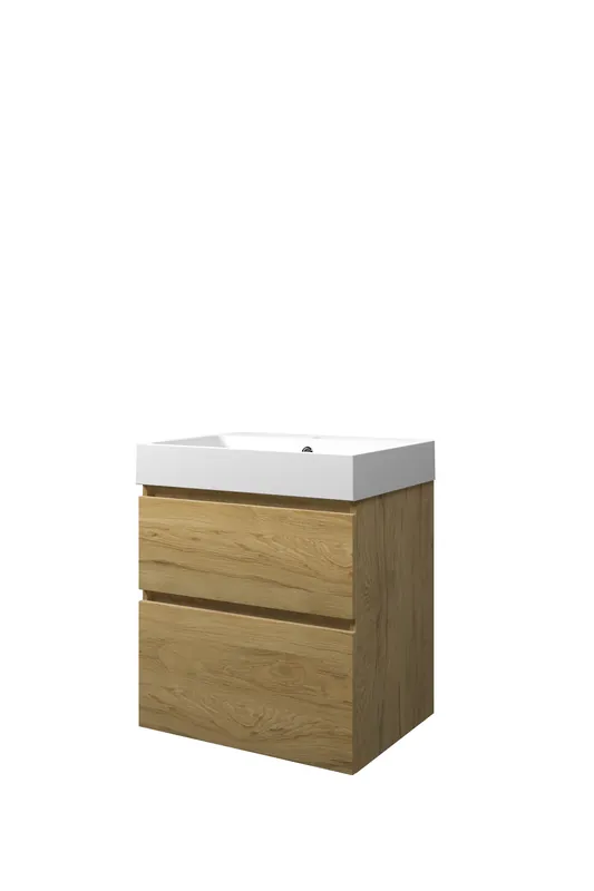 Groothandel Proline Loft badmeubel met polystone wastafel met 1 kraangat en onderkast a-symmetrisch - Ideal oak/Mat wit - 60x46cm (bxd)