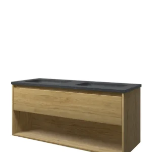 Proline Elegant badmeubel met open vak met hardsteen wastafel met 2 kraangaten - Ideal oak - 120x46cm (bxd) Weekendaanbieding