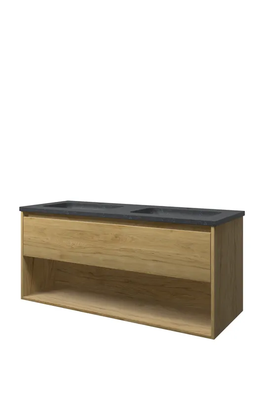 Proline Elegant badmeubel met open vak met hardsteen wastafel met 2 kraangaten - Ideal oak - 120x46cm (bxd) Weekendaanbieding