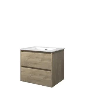 Proline Elegant badmeubel met keramische wastafel zonder kraangat en onderkast symmetrisch - Raw oak - 60x46cm (bxd) Speciale Aanbieding
