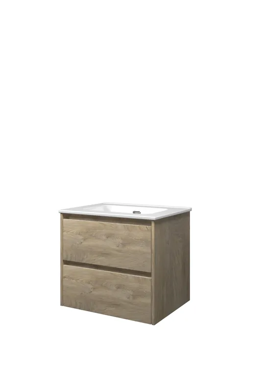 Proline Elegant badmeubel met keramische wastafel zonder kraangat en onderkast symmetrisch - Raw oak - 60x46cm (bxd) Speciale Aanbieding
