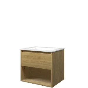 Superprijs Proline Elegant badmeubel met open vak met polystone wastafel met 1 kraangat - Ideal oak/Glans wit - 60x46cm (bxd)