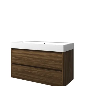 Proline Loft badmeubel met polystone wastafel zonder kraangat en onderkast symmetrisch - Cabana oak/Glans wit - 100x46cm (bxd) Direct Verzonden