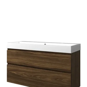 Speciale Aanbieding Proline Loft badmeubel met polystone wastafel met 2 kraangaten en onderkast a-symmetrisch - Cabana oak/Glans wit - 120x46cm (bxd)