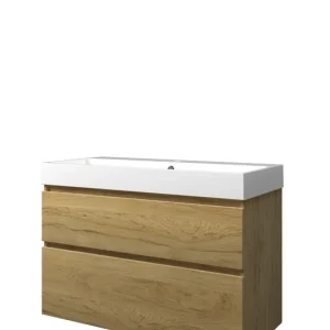 Proline Loft badmeubel met polystone wastafel met 1 kraangat en onderkast a-symmetrisch - Ideal oak/Glans wit - 100x46cm (bxd) Gereduceerde Prijs