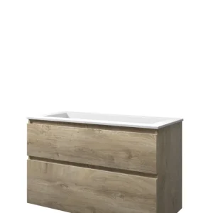 Must-Have Proline Elegant badmeubel met polystone wastafel zonder kraangat en onderkast a-symmetrisch - Raw oak/Mat wit - 100x46cm (bxd)
