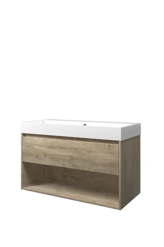 Proline Loft badmeubel met open vak met polystone wastafel zonder kraangat - Raw oak/Glans wit - 100x46cm (bxd) Nu Kopen