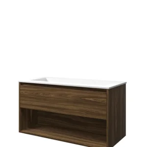 Koop Vandaag Proline Elegant badmeubel met open vak met polystone wastafel zonder kraangat - Cabana oak/Mat wit - 100x46cm (bxd)