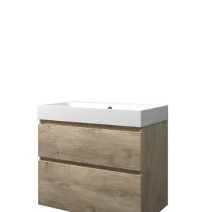 Proline Loft badmeubel met polystone wastafel met 1 kraangat en onderkast a-symmetrisch - Raw oak/Mat wit - 80x46cm (bxd) Uitverkoop