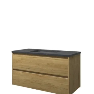 Proline Elegant badmeubel met hardsteen wastafel zonder kraangat en onderkast symmetrisch - Ideal oak - 100x46cm (bxd) Nieuw