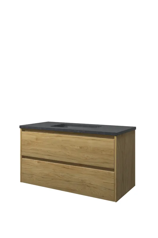Proline Elegant badmeubel met hardsteen wastafel zonder kraangat en onderkast symmetrisch - Ideal oak - 100x46cm (bxd) Nieuw