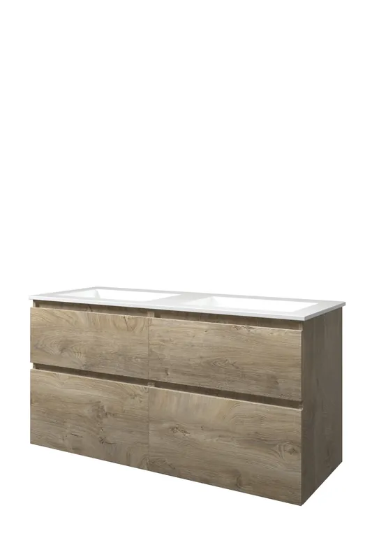 Tijdelijk Beschikbaar Proline Elegant badmeubel met polystone wastafel zonder kraangaten en onderkast 4 laden a-symmetrisch - Raw oak/Glans wit - 120x46cm (bxd)