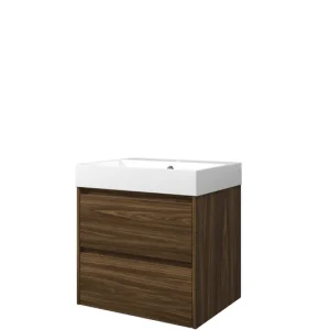 Exclusieve Aanbieding Proline Loft badmeubel met polystone wastafel met 1 kraangat en onderkast symmetrisch - Cabana oak/Glans wit - 60x46cm (bxd)