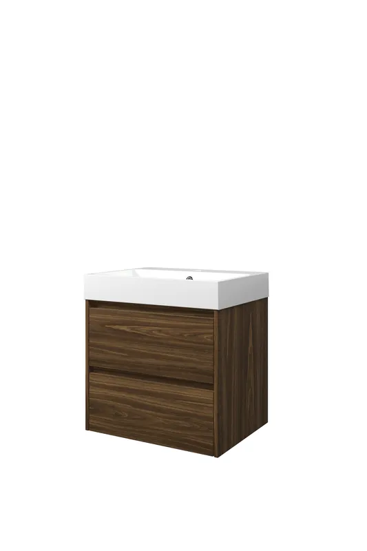 Exclusieve Aanbieding Proline Loft badmeubel met polystone wastafel met 1 kraangat en onderkast symmetrisch - Cabana oak/Glans wit - 60x46cm (bxd)